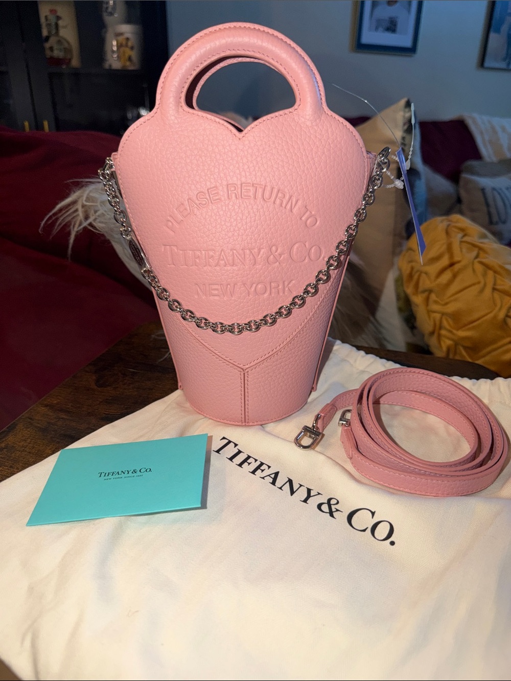 New never used Tiffany & Co. Pink Pebbled Leather Heart Mini Bag with Chain